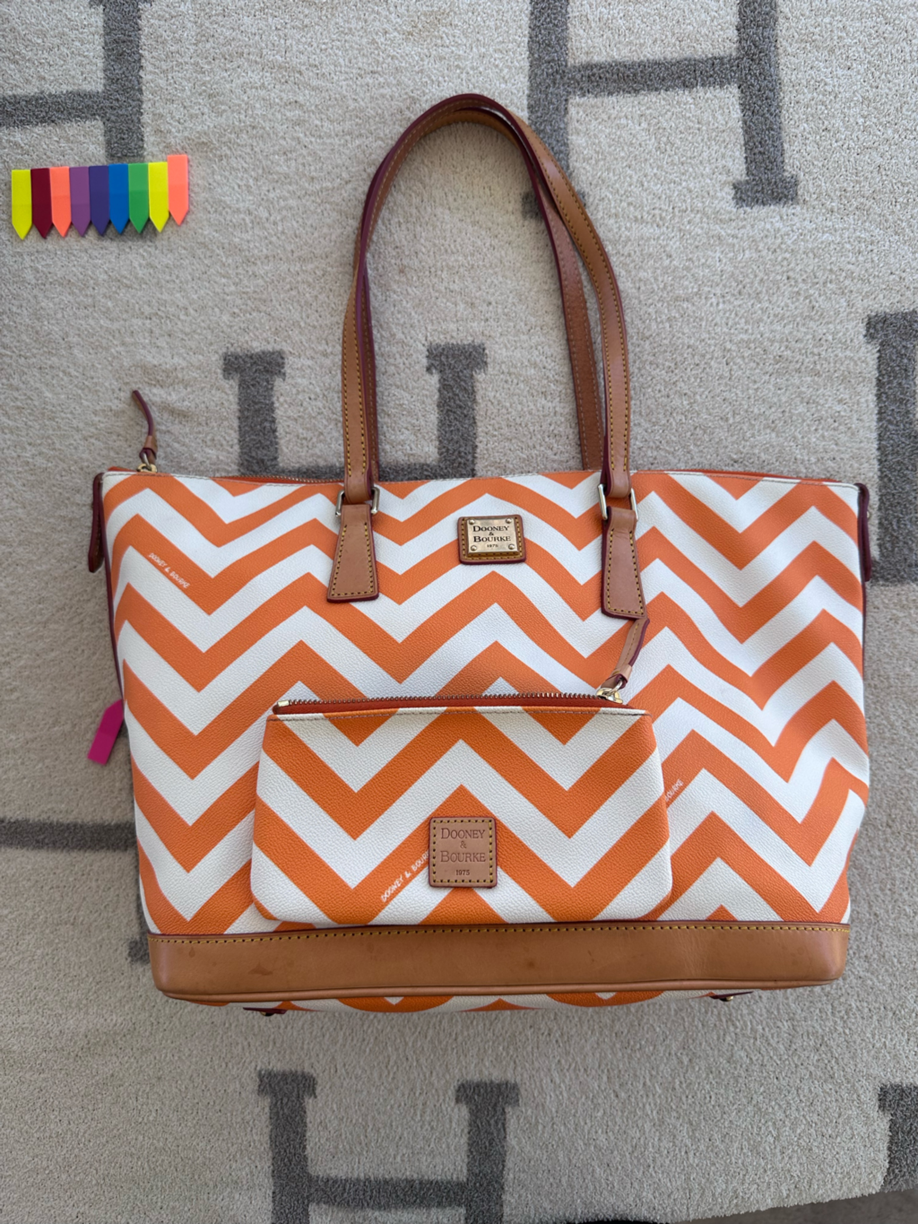 Dooney & Bourke Orange And White Chevron Tote With Pouch